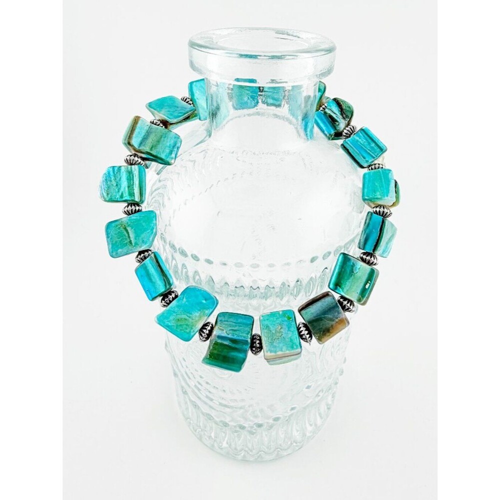 Boho Teal Abalone Shell Nugget Stretch Bracelet - Iridescent Ocean Blue